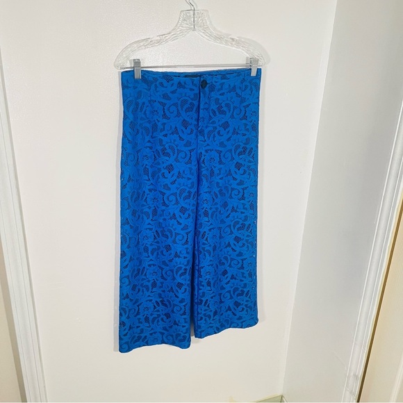NEW Anthropologie Maeve Colette Lace Cropped Wide-Leg Pant Victorian Blue Flare - Picture 3 of 8